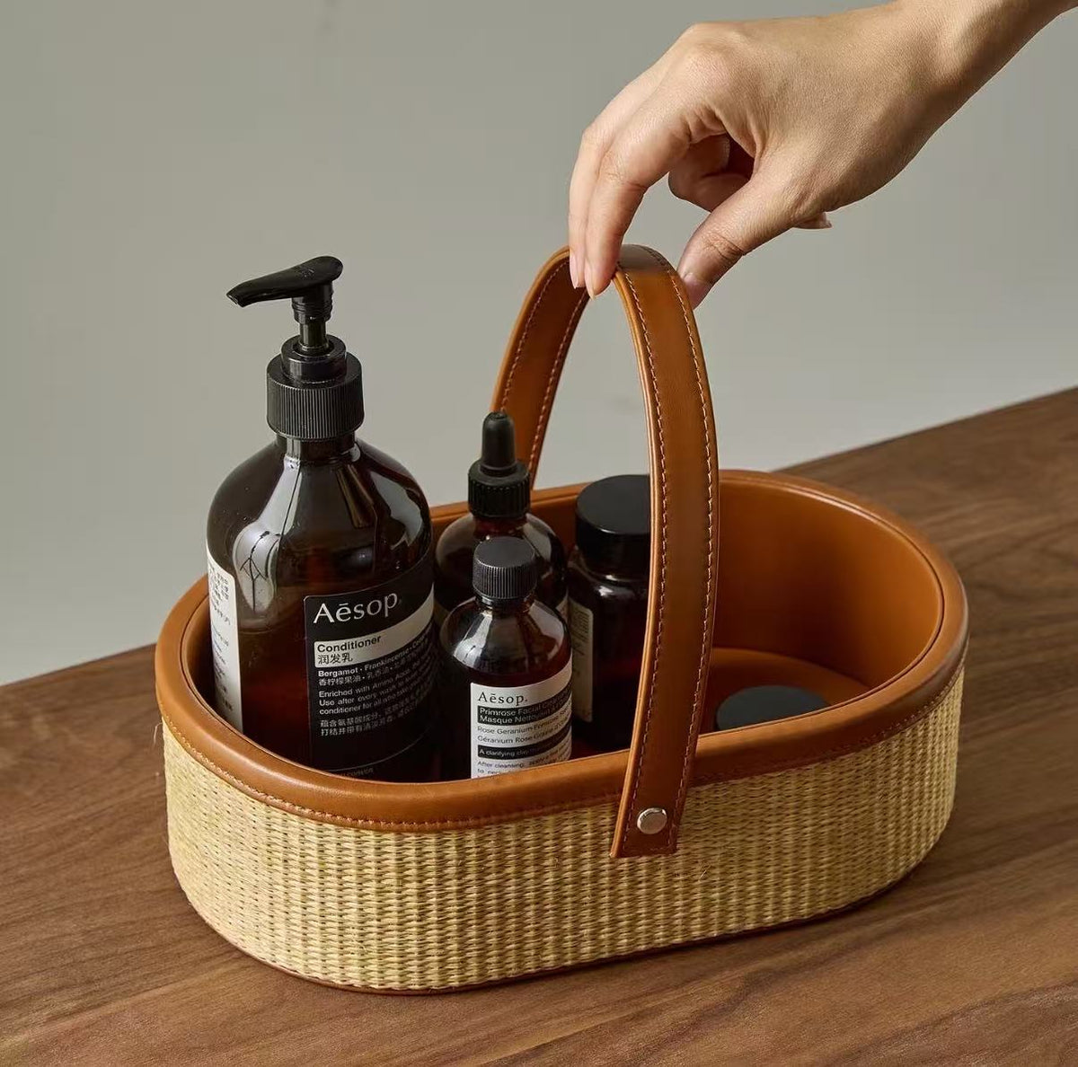 Woven Bathroom Storage Basket with Handle – Portable Toiletry & Vanity Organizer for Skincare, Cosmetics & Home-091619-cc