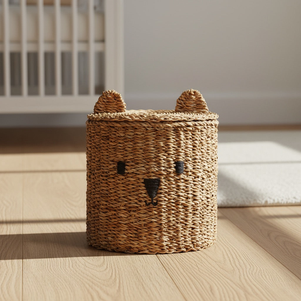 Cute Bear Woven Storage Basket with Lid – Kids Room Toy & Nursery Organizer