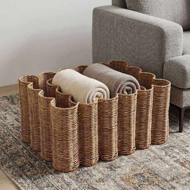 Scalloped Woven Storage Basket | Decorative Wicker Organizer for Living Room, Bedroom & Home Storage-cc-092010 Main Image