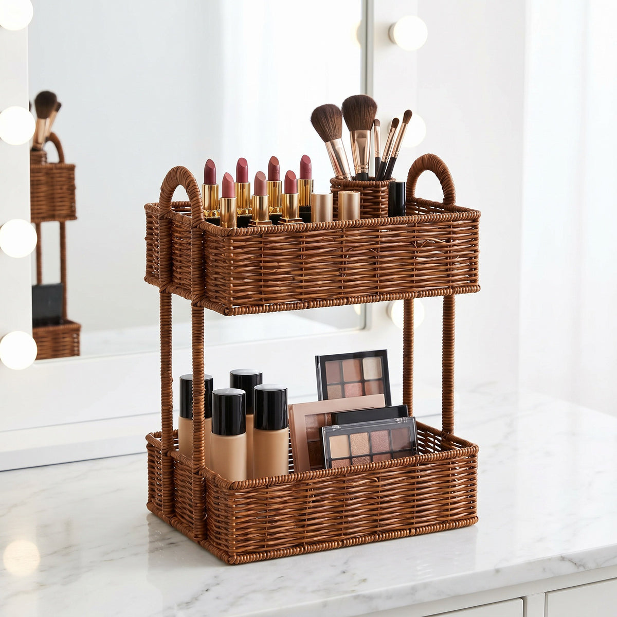 2-Tier Woven Storage Organizer with Handles – Countertop Basket Shelf for Kitchen, Pantry, Bathroom & Vanity-cc-091714