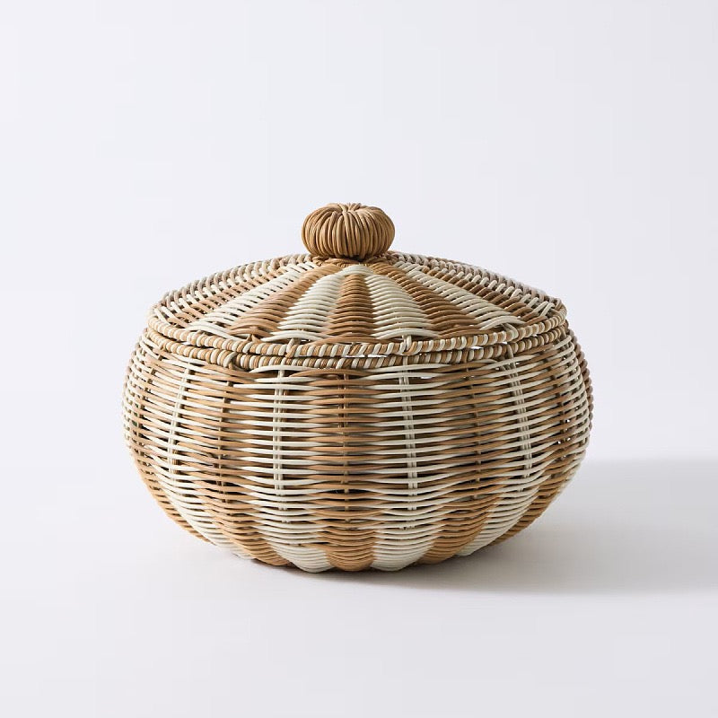 Large Woven Storage Basket with Lid – Two-Tone Decorative Laundry Hamper for Blankets, Toys & Home Organization-cc-092002