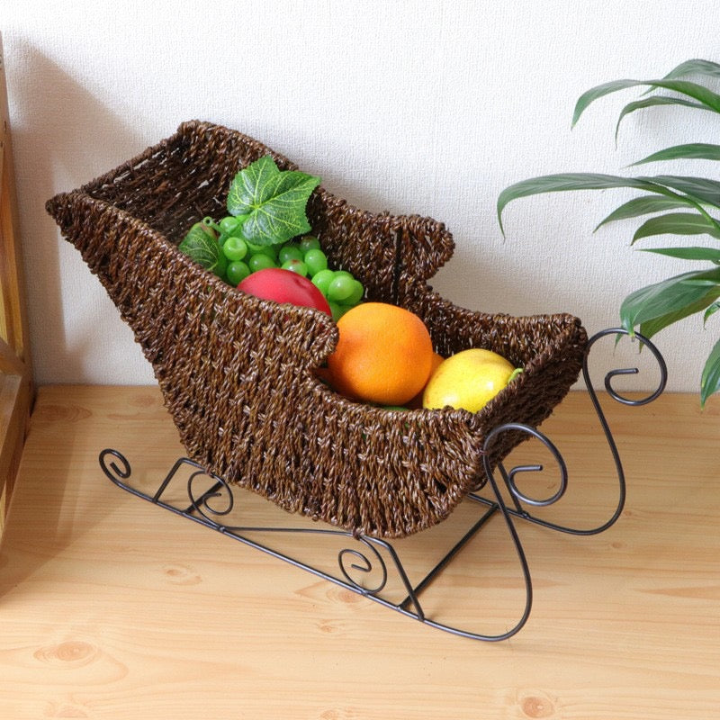 Natural Rattan Christmas Sleigh Basket – Handwoven Holiday Gift & Decorative Storage Basket with Metal Runners-cc-091707