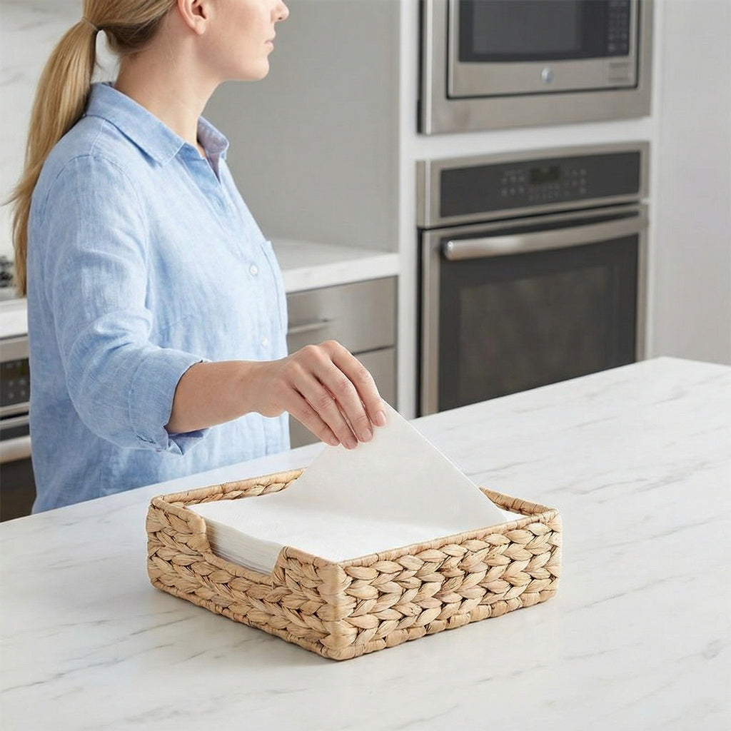 Woven Napkin Holder Basket – Square Tabletop Tissue & Paper Napkin Organizer with Metal Frame for Kitchen & Dining Table-cc-092005