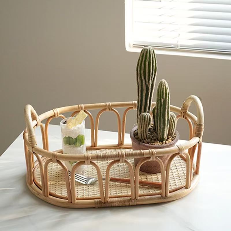 Oval Woven Rattan Serving Tray with Handles – Decorative Coffee Table & Home Organizer Basket-091615-cc