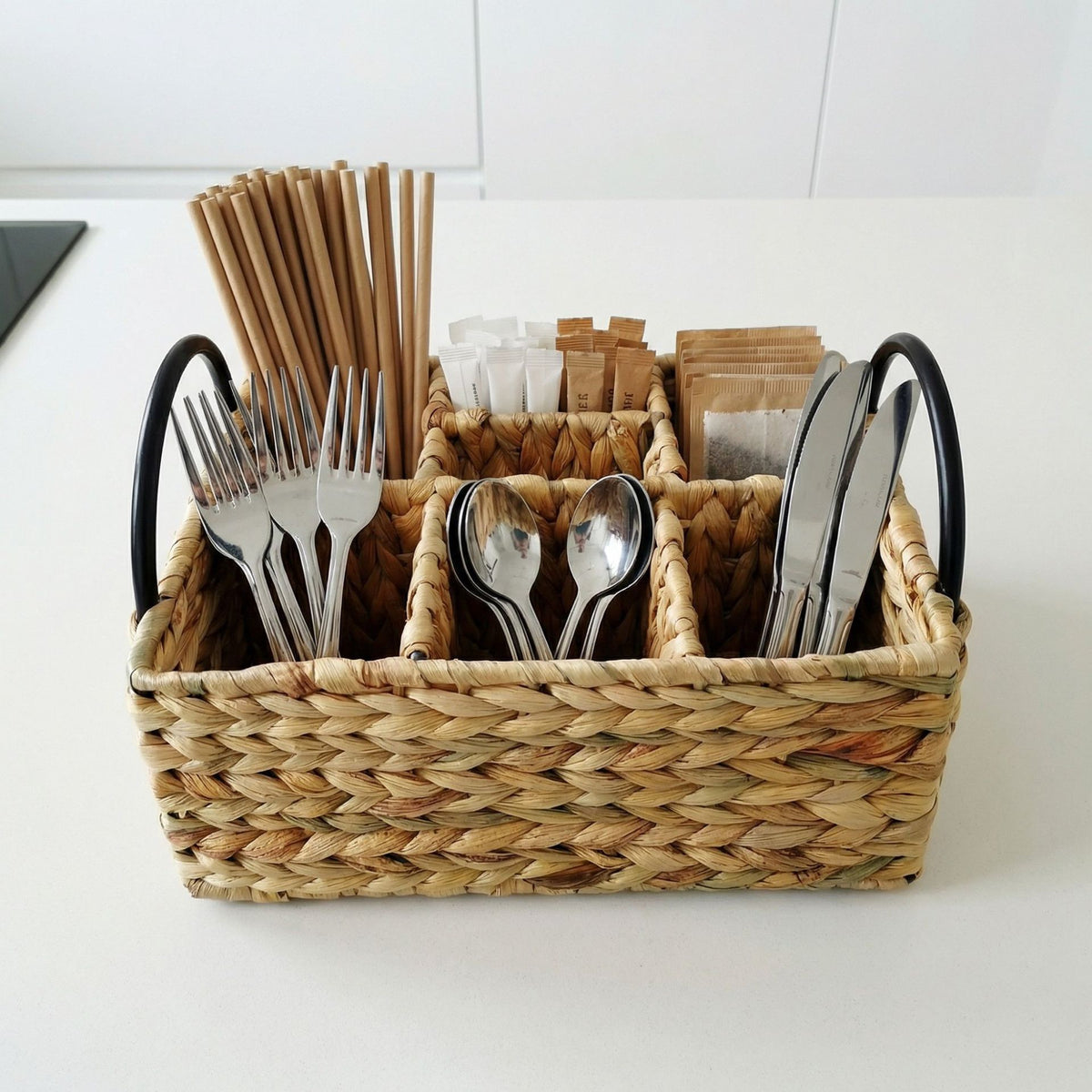 Woven Utensil Caddy with Handles, Multi-Compartment Kitchen Organizer for Flatware, Condiments, BBQ Tools & Tabletop Storage-cc-091814