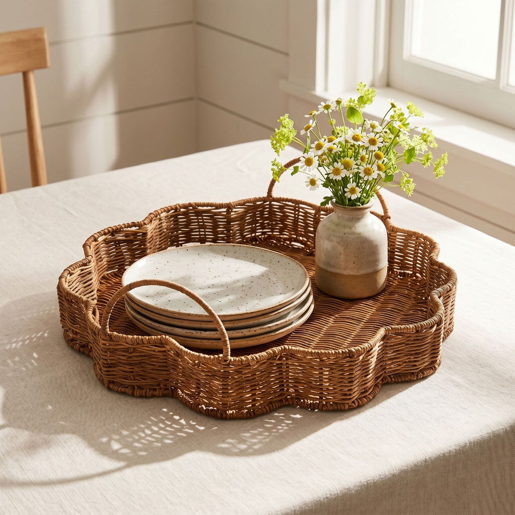 Flower-Shaped Woven Serving Tray with Handles – Decorative Organizer Tray for Coffee Table, Breakfast & Home-cc-092004