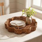Flower-Shaped Woven Serving Tray with Handles – Decorative Organizer Tray for Coffee Table, Breakfast & Home-cc-092004