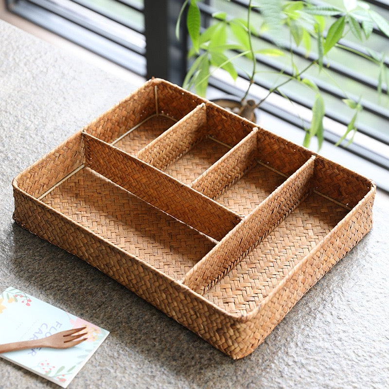 Handwoven Compartment Storage Organizer Tray – Rectangular Woven Drawer Organizer for Kitchen, Desk, Bathroom & Vanity-cc-091609