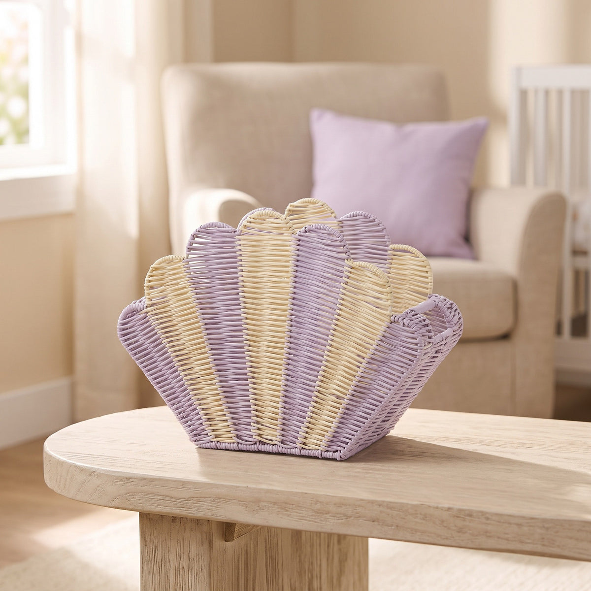 Shell Shaped Woven Handbag – Purple & Cream Summer Beach Tote Bag-cc-091718