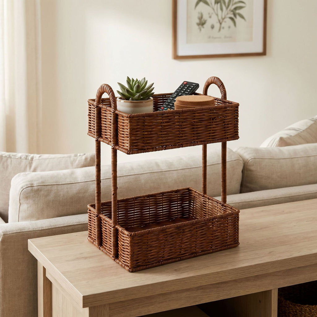 2-Tier Woven Storage Organizer with Handles – Countertop Basket Shelf for Kitchen, Pantry, Bathroom & Vanity-cc-091714