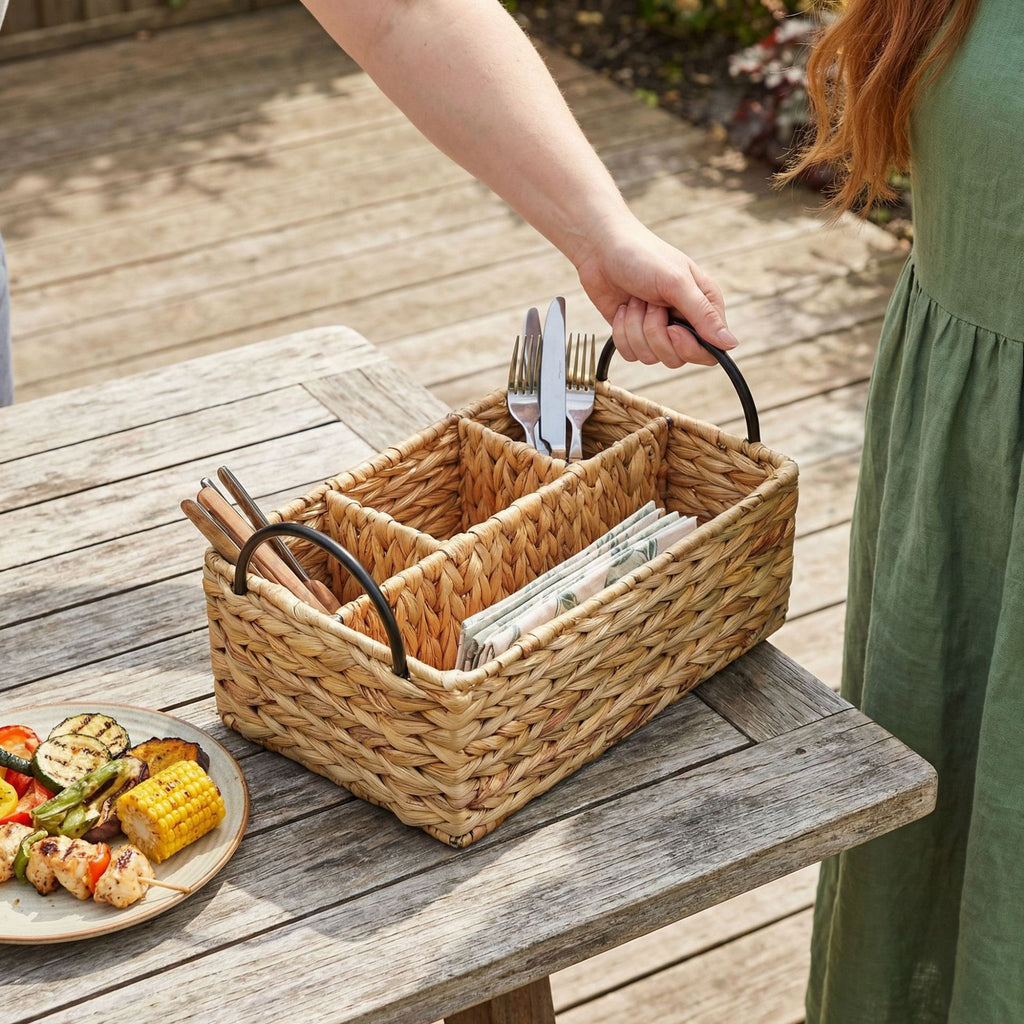 Woven Utensil Caddy with Handles, Multi-Compartment Kitchen Organizer for Flatware, Condiments, BBQ Tools & Tabletop Storage-cc-091814