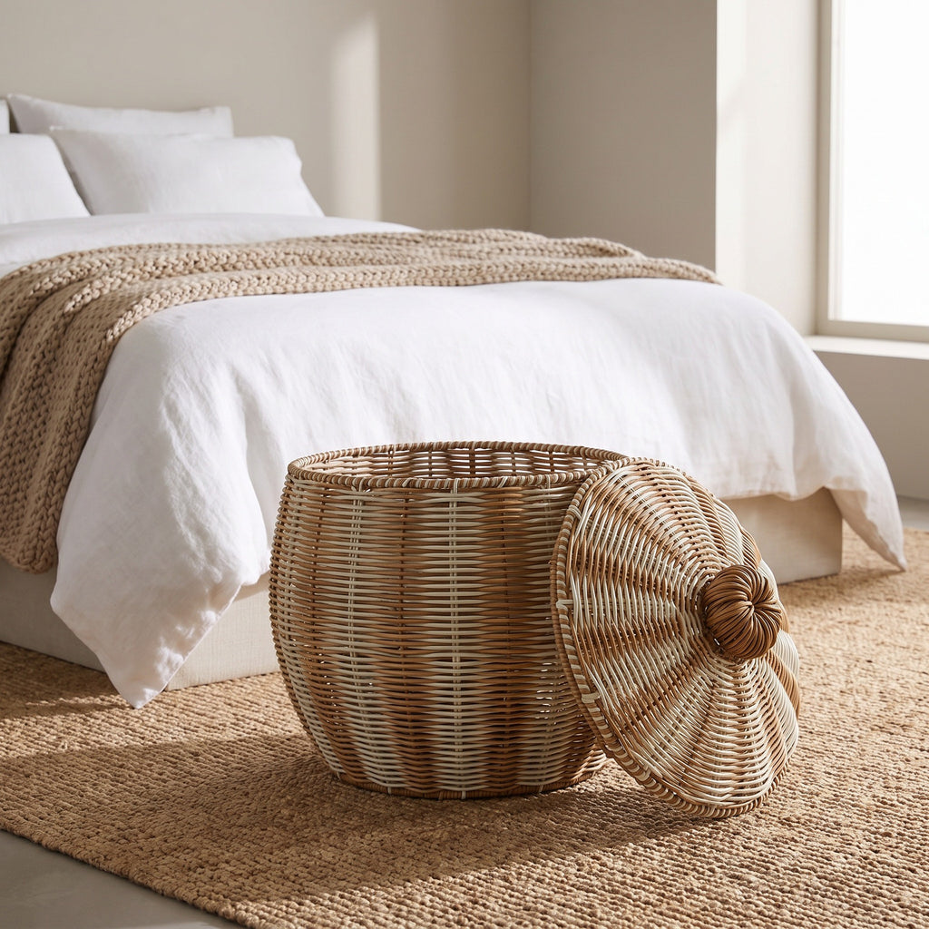 Large Woven Storage Basket with Lid – Two-Tone Decorative Laundry Hamper for Blankets, Toys & Home Organization-cc-092002