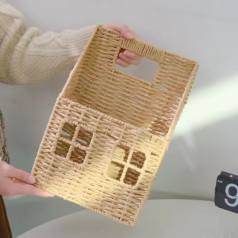 Wall Mounted Woven Straw House Storage Basket Handmade Rattan Wall Organizer with Wooden Handle and Lattice Window Design, Rustic Farmhouse Decorative Wall Hanging Shelf for Keys, Mail, Small Plants -cc-092007