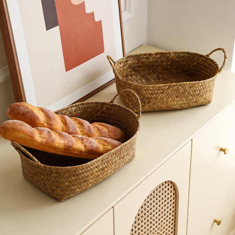 Woven Fruit & Bread Basket with Handles – Natural Rattan Storage Basket for Kitchen Countertop & Dining Table-cc-092408