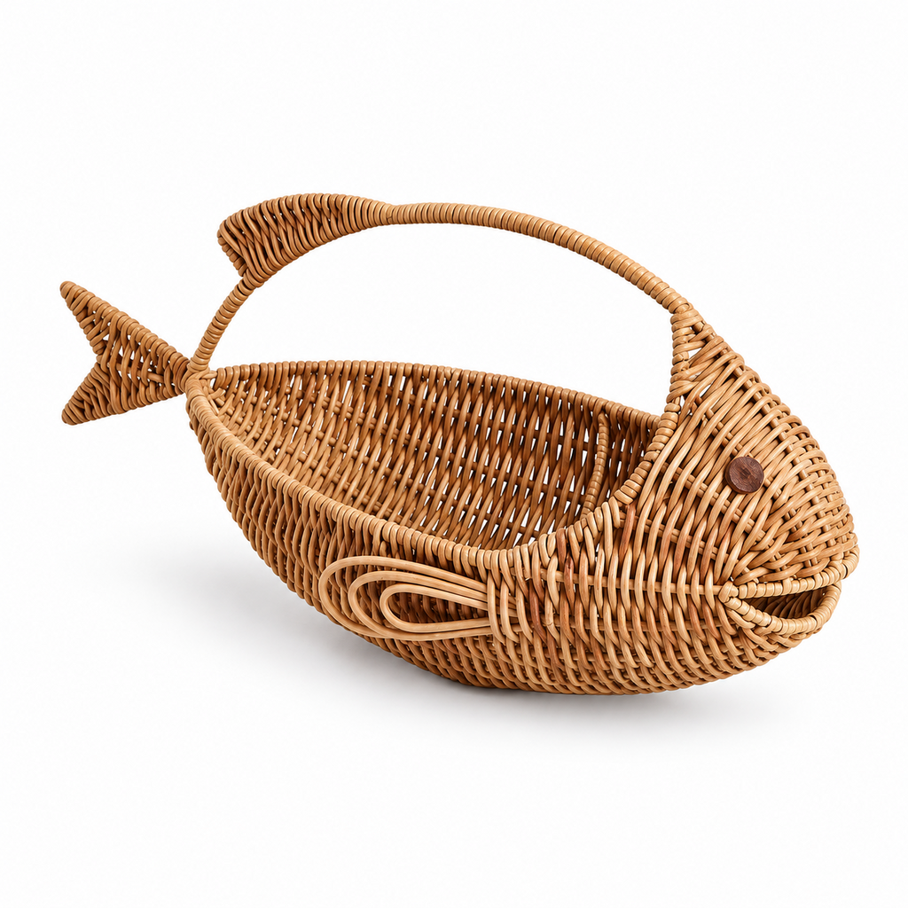 Fish Shaped Wicker Fruit Basket with Arched Handle, Handwoven Rattan Storage Basket for Lemons, Limes & Kitchen Counter Decor -ZENG-091717