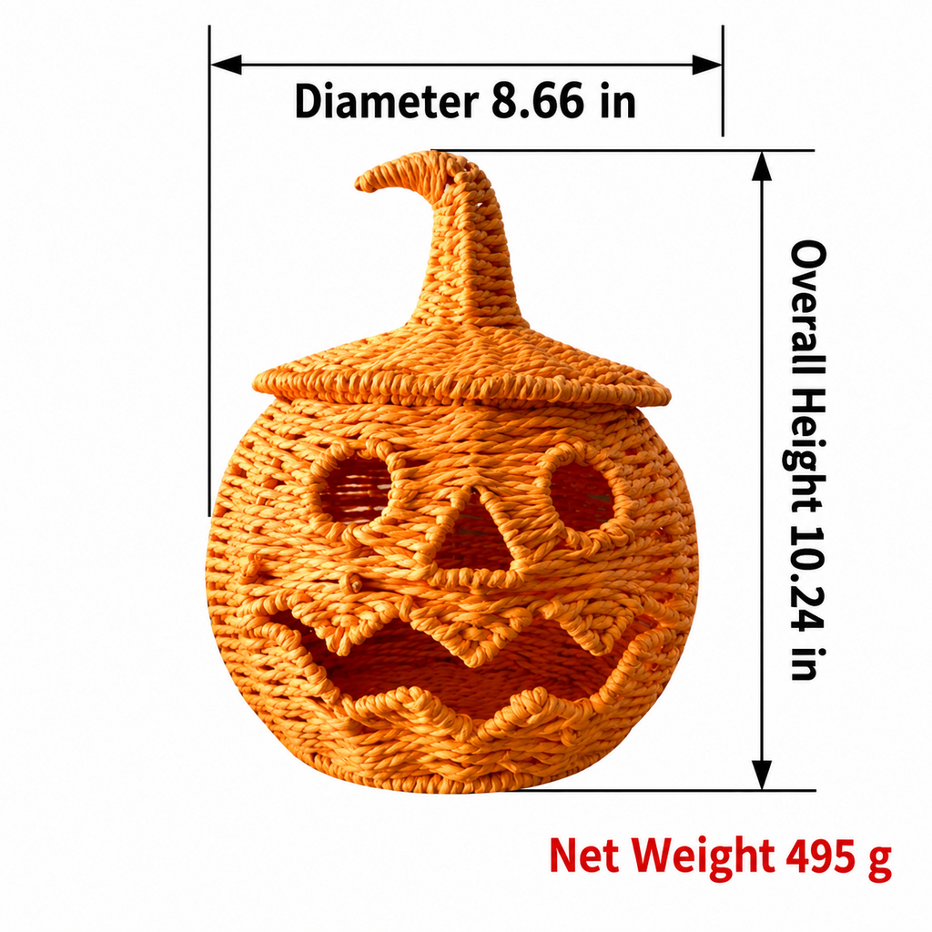 Handwoven Orange Pumpkin Basket with Lid for Halloween, Natural Rattan Woven Storage Basket with Carved Jack-O'-Lantern Face, Candy Bowl and Holiday Decorative Storage Container -cc-091722