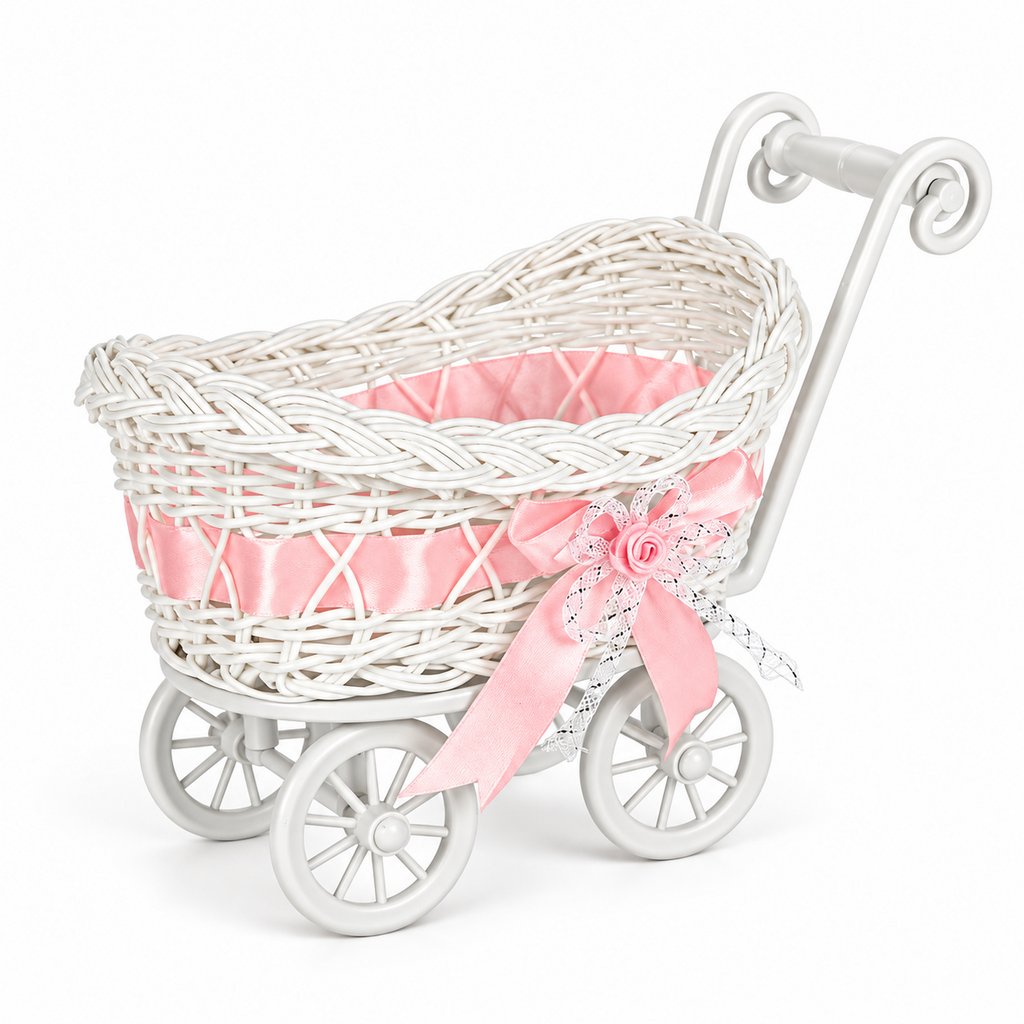 Handwoven White Rattan Baby Stroller Basket Cart with Pink Satin Bow, Elegant Gift Basket Trolley with Wheels and Metal Handle, Multi-Purpose Decorative Storage Trolley for Nursery Baby Shower Newborn Gift -ZENG-091718