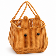 Cat Shaped Woven Basket with Ears & Bead Eyes, Handmade Wicker Serving Basket with Dual Handles for Bread, Fruits & Boho Table Decor -ZENG-091805