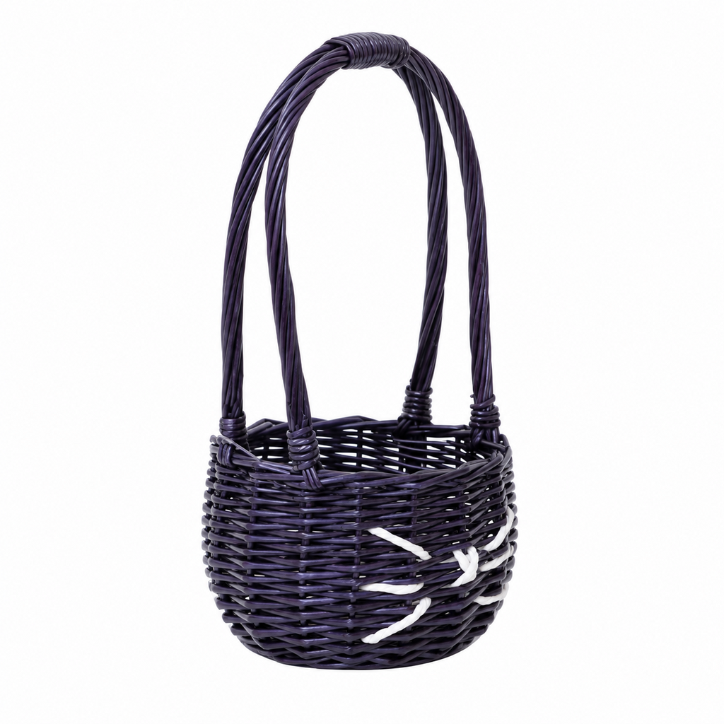 Black Rattan Woven Handled Basket with White Fishbone Stitching, Vintage Picnic and Gift Hamper, Farmhouse Storage Tote -ZENG-091720