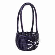 Black Rattan Woven Handled Basket with White Fishbone Stitching, Vintage Picnic and Gift Hamper, Farmhouse Storage Tote -ZENG-091720
