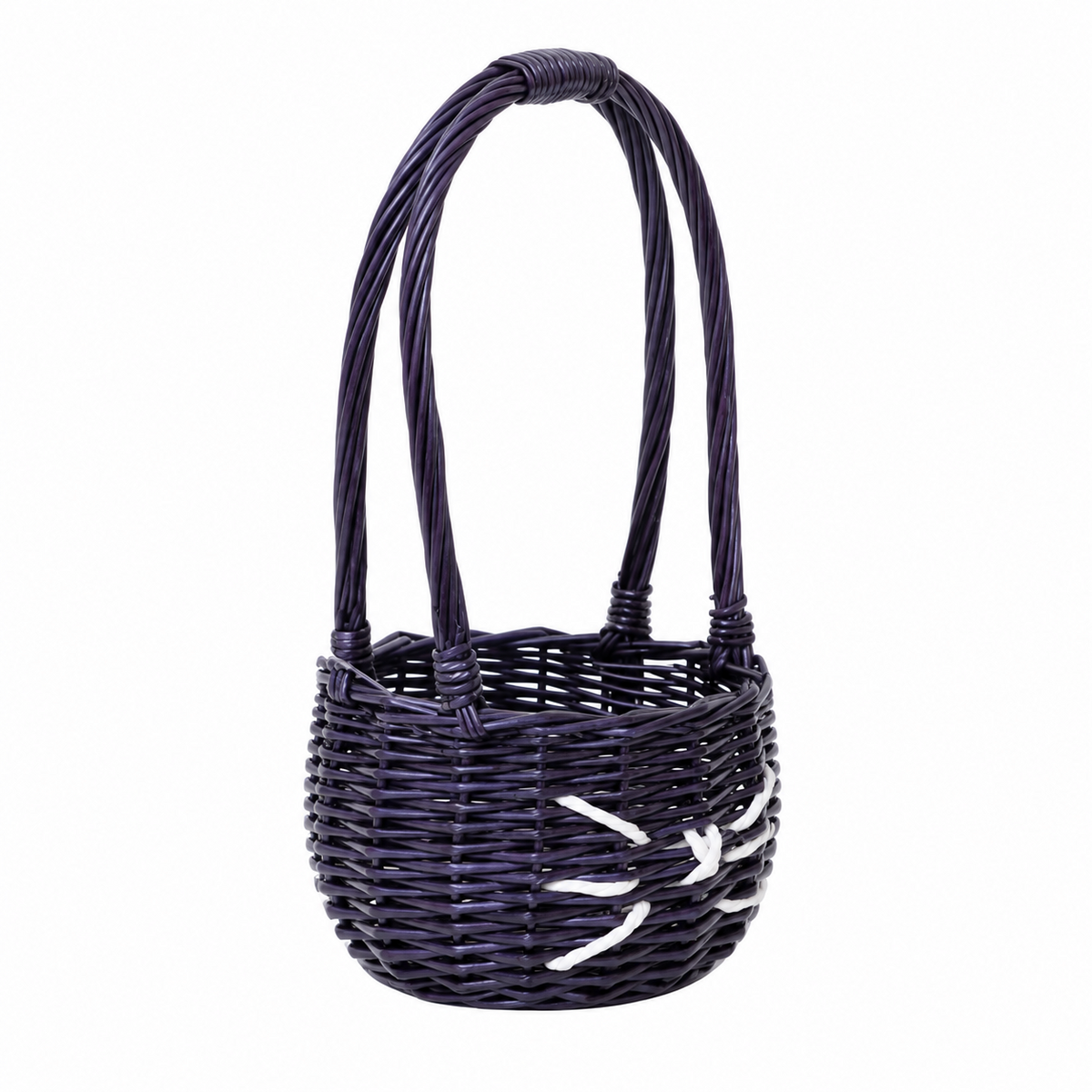 Black Rattan Woven Handled Basket with White Fishbone Stitching, Vintage Picnic and Gift Hamper, Farmhouse Storage Tote -ZENG-091720