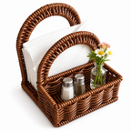 Handwoven Rattan Storage Basket with Double Loop Handles, Natural Wicker Serving Caddy for Dining Table, Farmhouse Kitchen Organizer for Napkins Condiments Glass Bottles and Flowers, Rustic Decorative Centerpiece -ZENG-091721