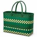 Green Woven Tote Bag with Woven Handles, Yellow Green Handwoven Wicker Beach Grocery Bag for Car Travel and Daily Carry -cc-091702