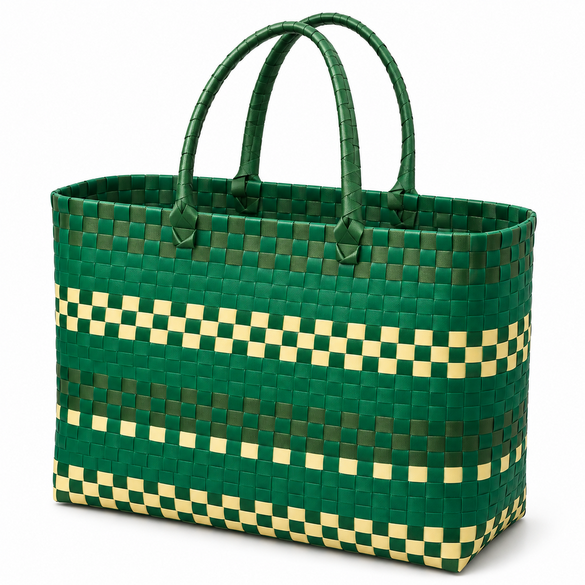 Green Woven Tote Bag with Woven Handles, Yellow Green Handwoven Wicker Beach Grocery Bag for Car Travel and Daily Carry -cc-091702