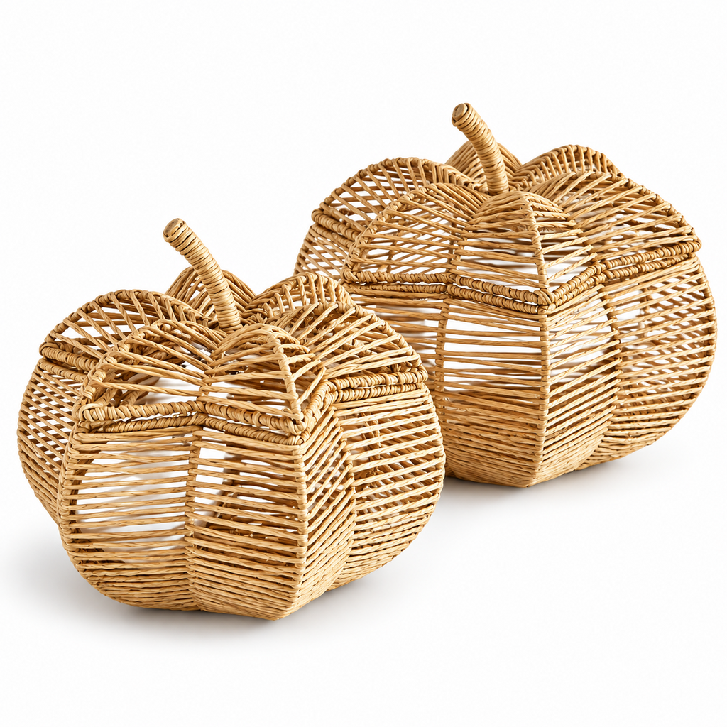 Wicker Pumpkin Shaped Storage Basket with Lid - Handwoven Rattan Fall Decor for Candy, Snacks & Gifts -ZENG-091801
