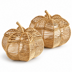 Wicker Pumpkin Shaped Storage Basket with Lid - Handwoven Rattan Fall Decor for Candy, Snacks & Gifts -ZENG-091801