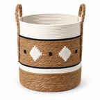 Cylinder Straw Woven Basket with Rope Handles, Handmade Seagrass Storage Basket with White Pattern & Black Diamond Accents for Home -ZENG-091711