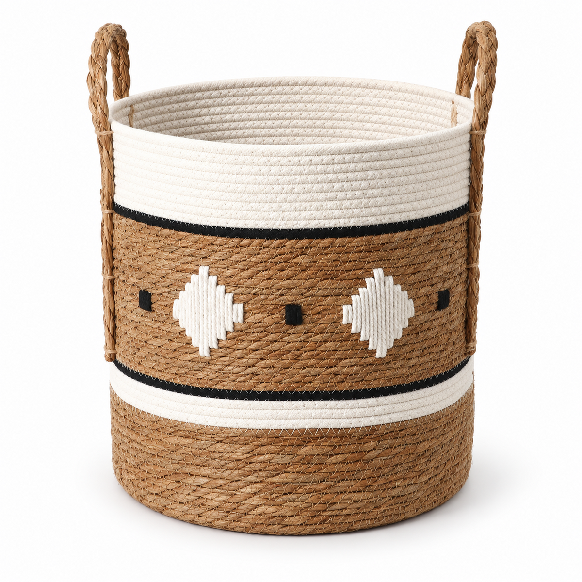 Cylinder Straw Woven Basket with Rope Handles, Handmade Seagrass Storage Basket with White Pattern & Black Diamond Accents for Home -ZENG-091711