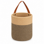 Black & Yellow Woven Hanging Storage Basket with Leather Handle, Handmade Wicker Bathroom Organizer for Towels, Toiletries & Boho Decor -ZENG-091806
