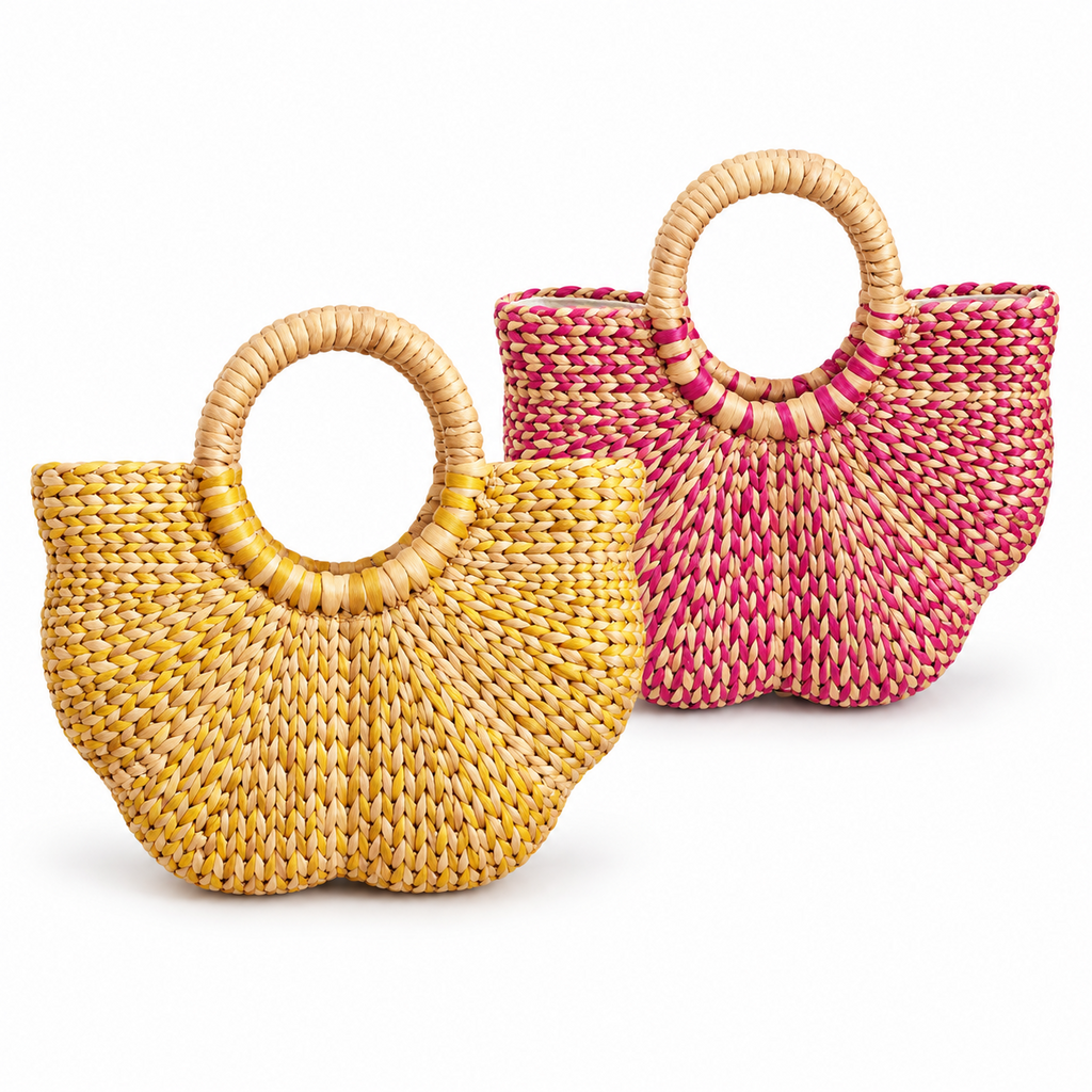 Handwoven Water Hyacinth Tote Bag for Women – Pink Natural Woven Handbag with Round Handles for Beach, Travel & Summer Outfits-cc-091710