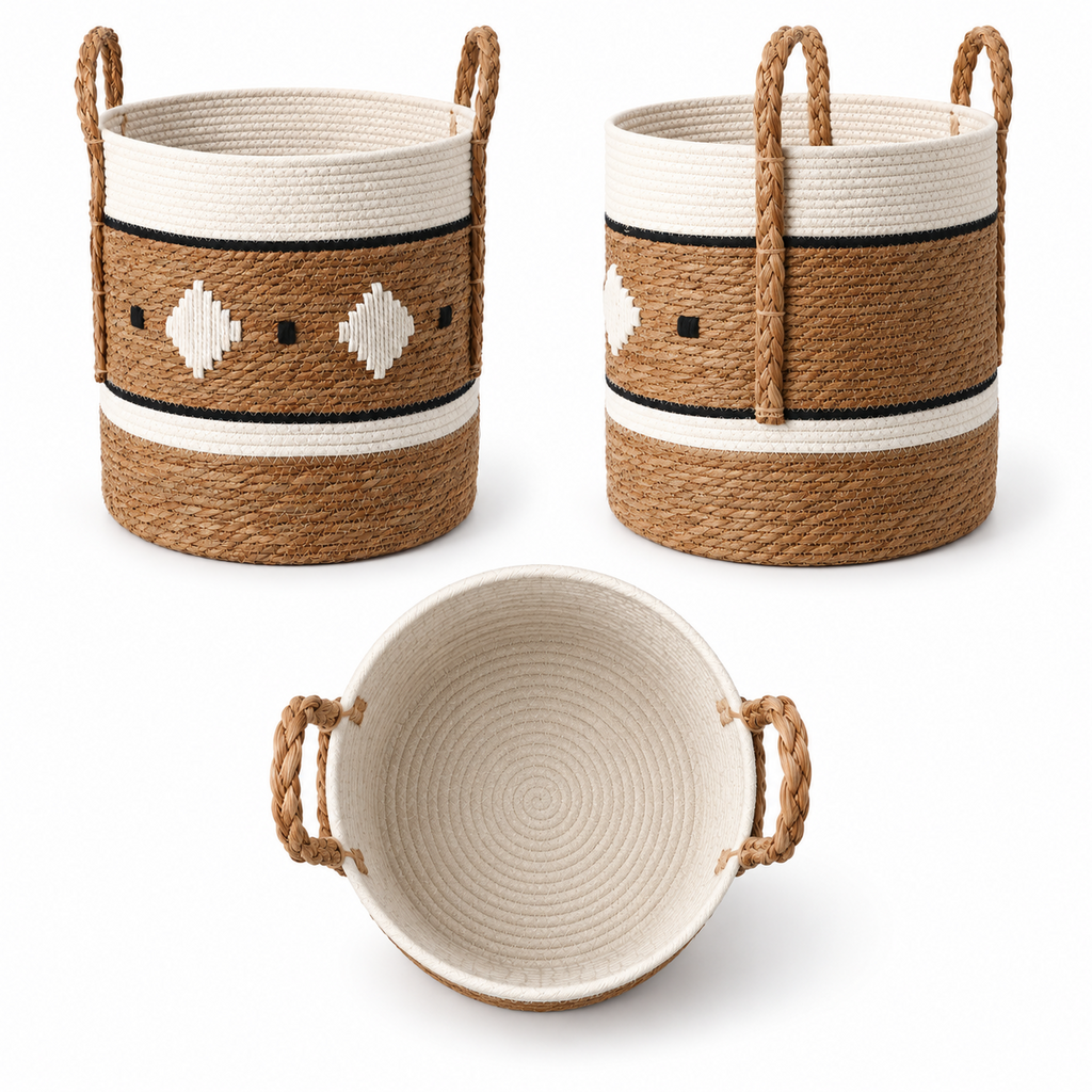 Cylinder Straw Woven Basket with Rope Handles, Handmade Seagrass Storage Basket with White Pattern & Black Diamond Accents for Home -ZENG-091711