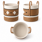 Cylinder Straw Woven Basket with Rope Handles, Handmade Seagrass Storage Basket with White Pattern & Black Diamond Accents for Home -ZENG-091711