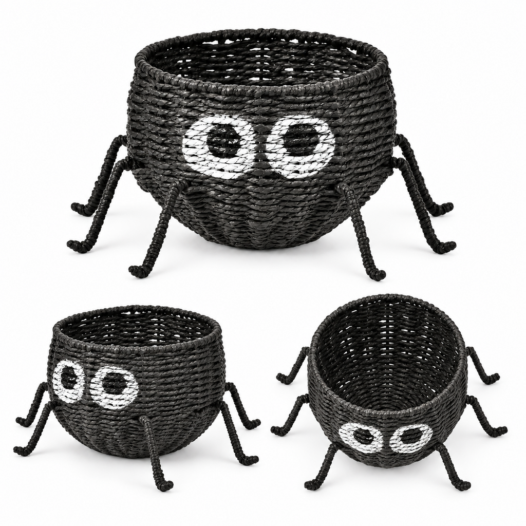 Black Spider Shaped Woven Candy Basket with Big Eyes & Legs, Handmade Halloween Trick-or-Treat Basket for Candy, Fruit & Party Decor -ZENG-091716