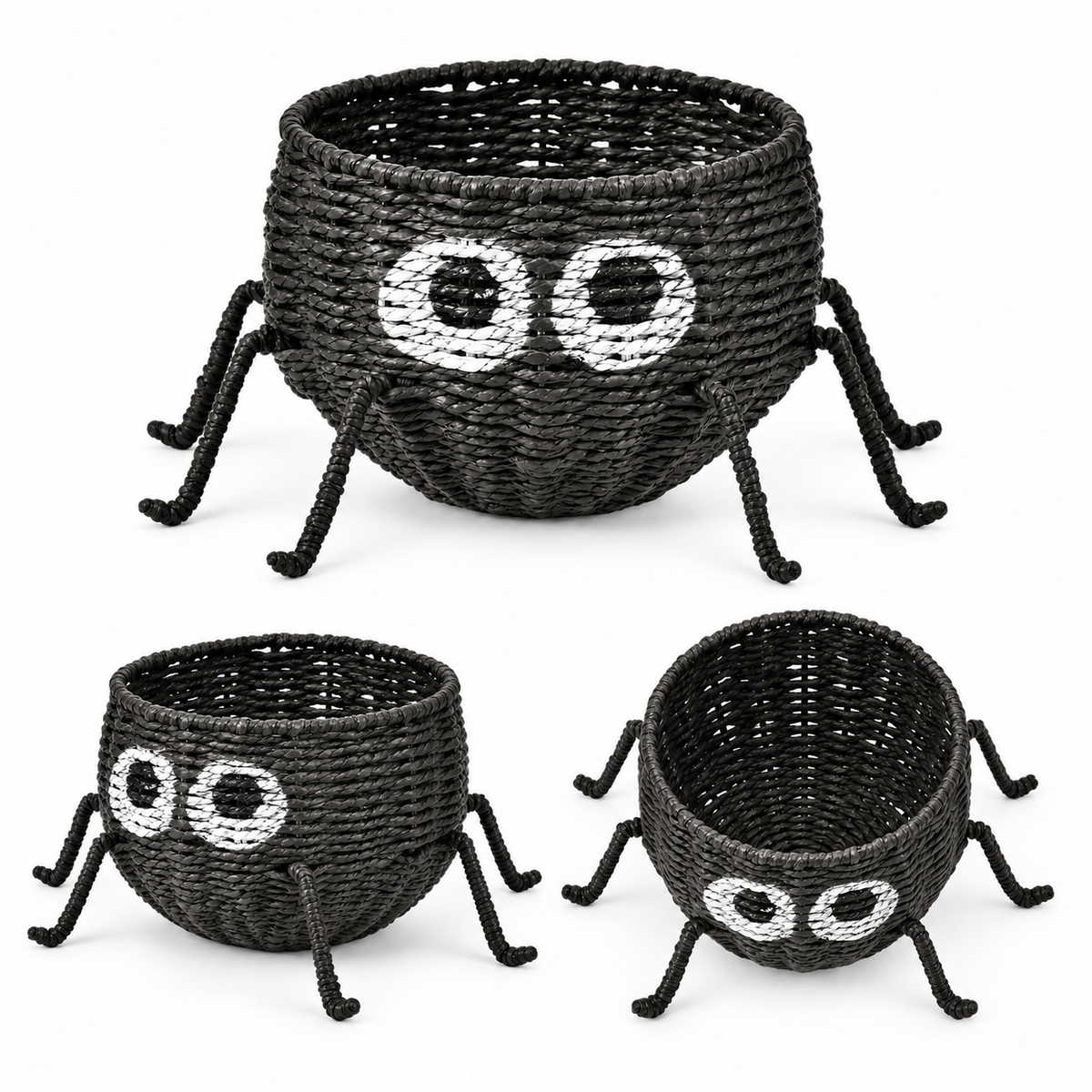 Black Spider Shaped Woven Candy Basket with Big Eyes & Legs, Handmade Halloween Trick-or-Treat Basket for Candy, Fruit & Party Decor -ZENG-091716