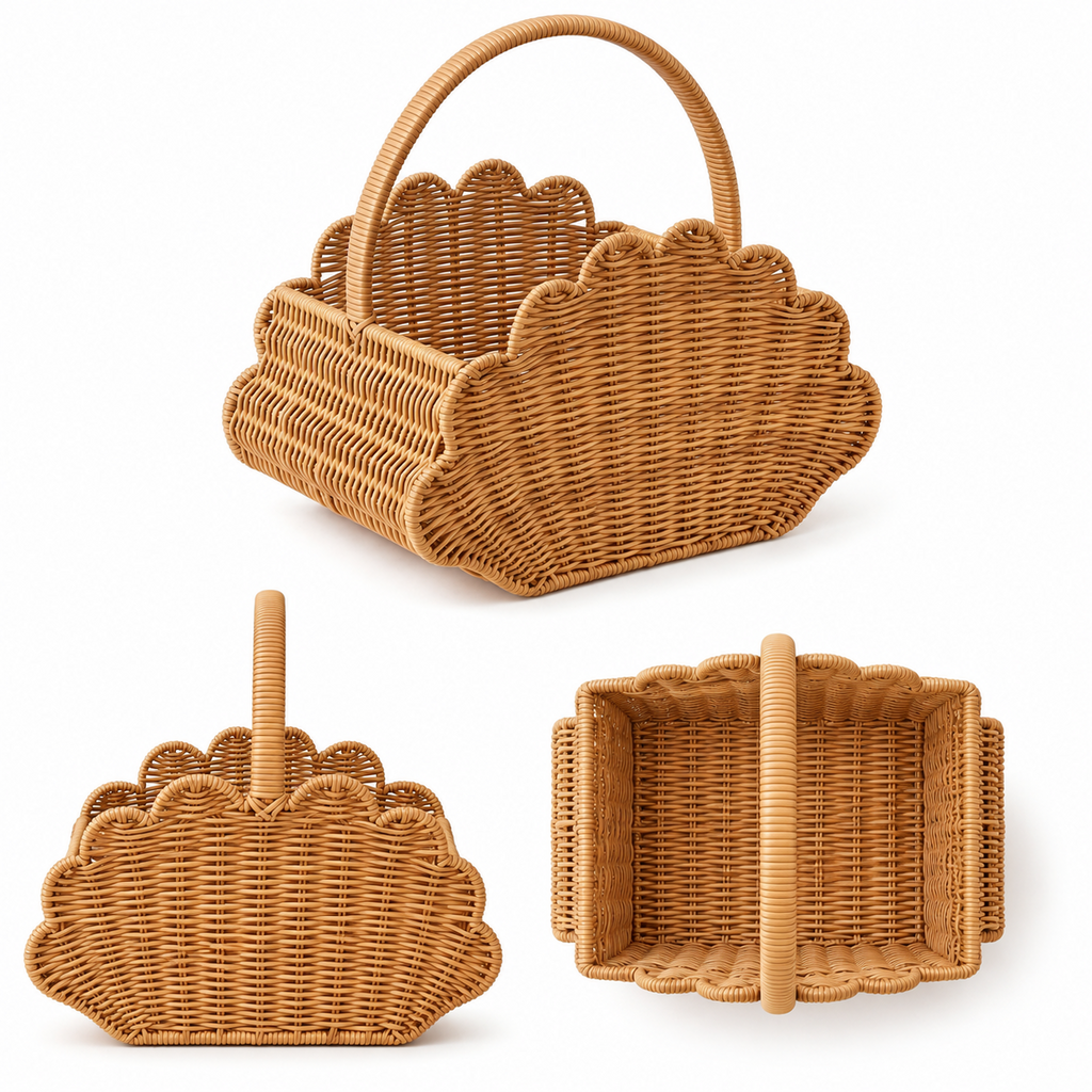 Woven Picnic Basket with Wave Trim & Handles, Handmade Wicker Basket for Baguette, Fruits & Outdoor Picnic, Farmhouse Summer Decor -ZENG-091709