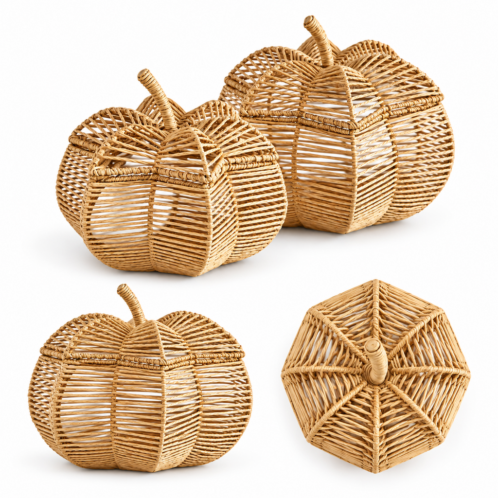 Wicker Pumpkin Shaped Storage Basket with Lid - Handwoven Rattan Fall Decor for Candy, Snacks & Gifts -ZENG-091801