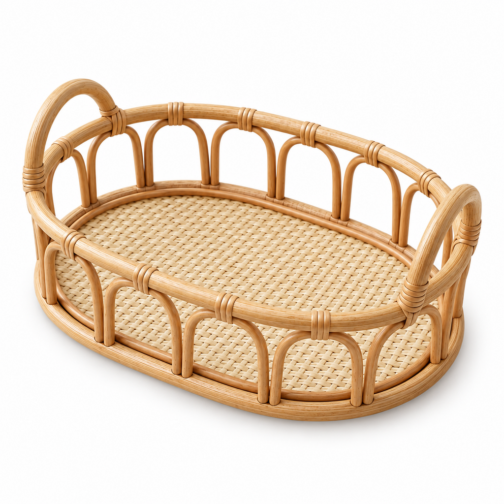 Oval Woven Rattan Serving Tray with Handles – Decorative Coffee Table & Home Organizer Basket-091615-cc