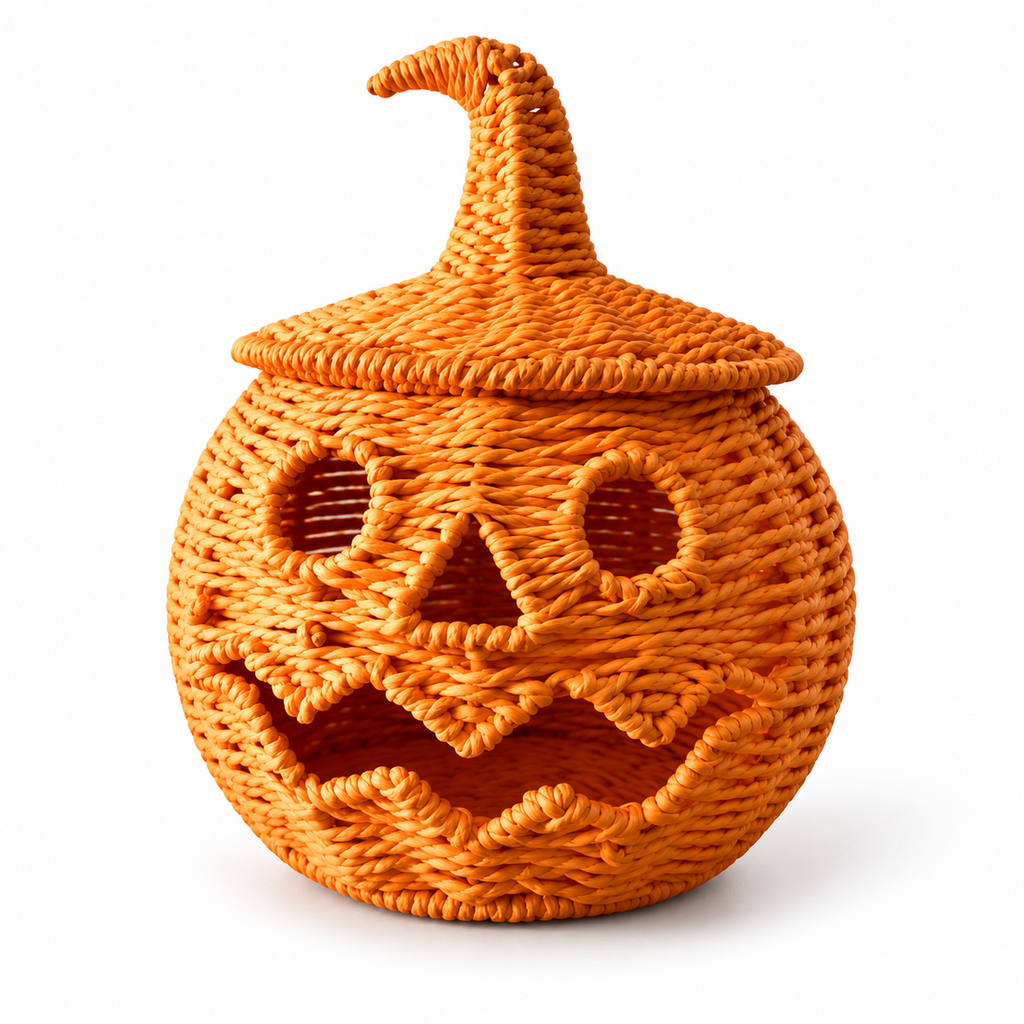 Handwoven Orange Pumpkin Basket with Lid for Halloween, Natural Rattan Woven Storage Basket with Carved Jack-O'-Lantern Face, Candy Bowl and Holiday Decorative Storage Container -cc-091722
