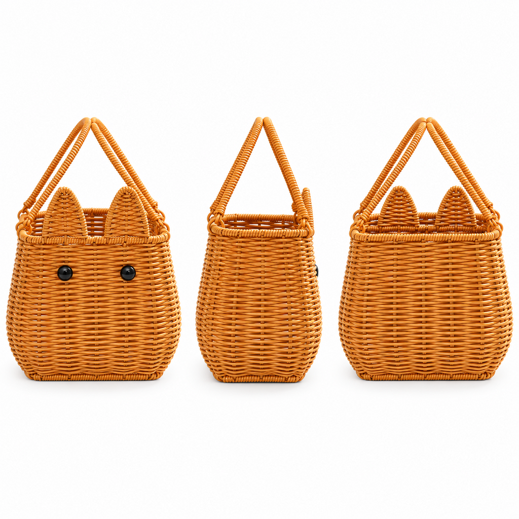 Cat Shaped Woven Basket with Ears & Bead Eyes, Handmade Wicker Serving Basket with Dual Handles for Bread, Fruits & Boho Table Decor -ZENG-091805