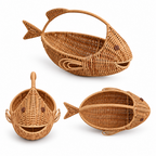 Fish Shaped Wicker Fruit Basket with Arched Handle, Handwoven Rattan Storage Basket for Lemons, Limes & Kitchen Counter Decor -ZENG-091717