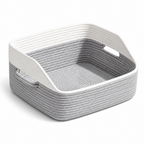 Handwoven Cotton Rope Storage Tray with Recessed Handles - Gray and White Braided Organizer Tray for Cosmetics, Jewelry, Keys and Desk Supplies, 11 x 16.1 x 7.5 Inches -ZENG-091803