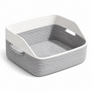 Handwoven Cotton Rope Storage Tray with Recessed Handles - Gray and White Braided Organizer Tray for Cosmetics, Jewelry, Keys and Desk Supplies, 11 x 16.1 x 7.5 Inches -ZENG-091803