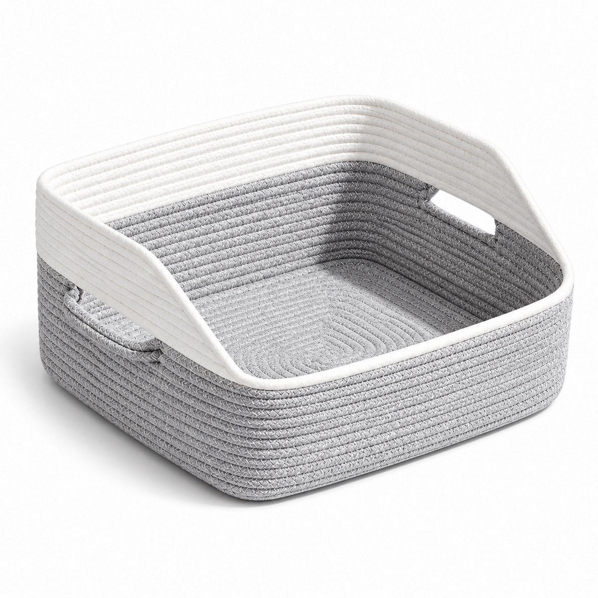 Handwoven Cotton Rope Storage Tray with Recessed Handles - Gray and White Braided Organizer Tray for Cosmetics, Jewelry, Keys and Desk Supplies, 11 x 16.1 x 7.5 Inches -ZENG-091803