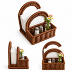 Handwoven Rattan Storage Basket with Double Loop Handles, Natural Wicker Serving Caddy for Dining Table, Farmhouse Kitchen Organizer for Napkins Condiments Glass Bottles and Flowers, Rustic Decorative Centerpiece -ZENG-091721