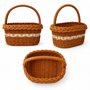 Brown Rattan Oval Woven Picnic Basket with Handles and White Trim, Classic Outdoor Tote for Camping, Shopping and Display -ZENG-091722