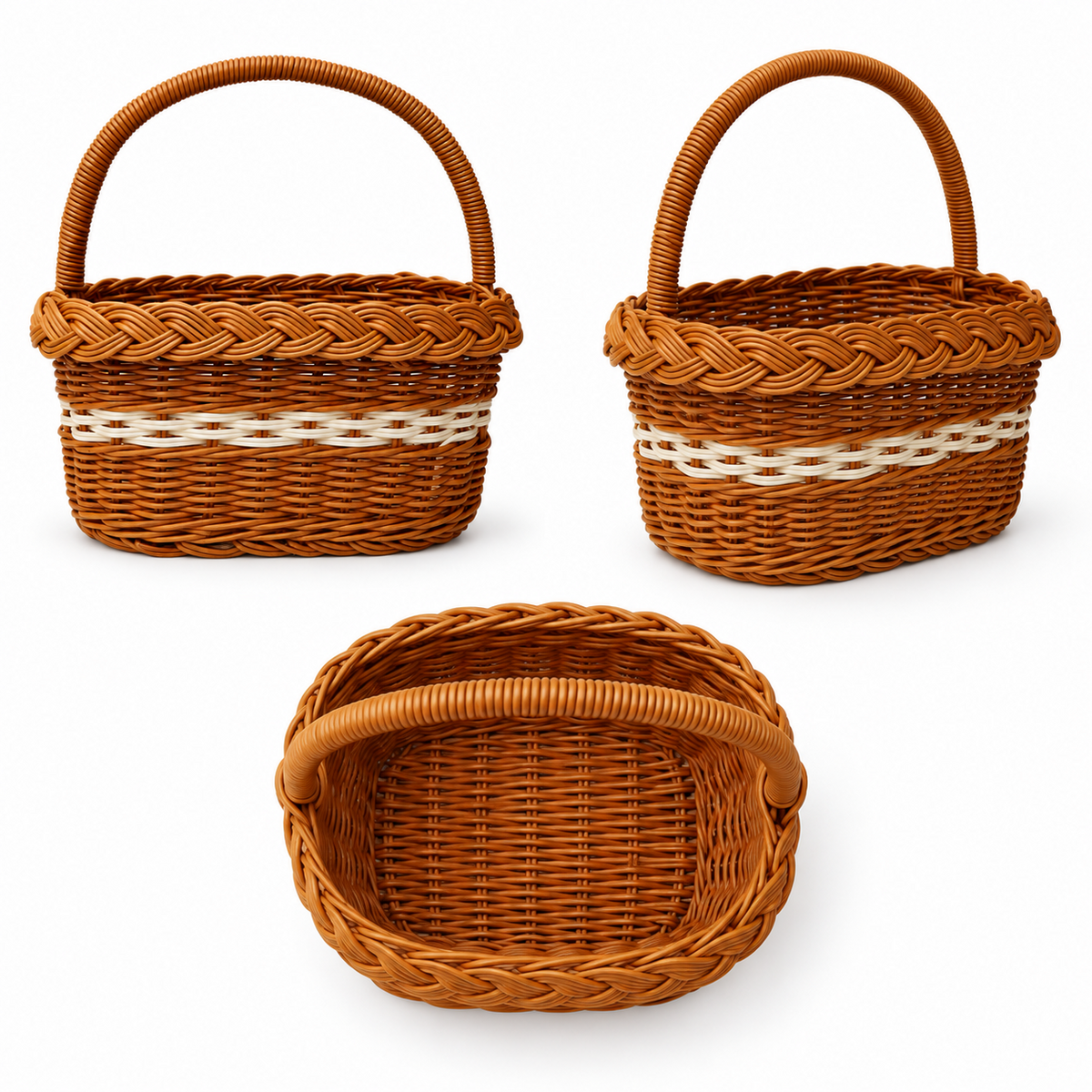 Brown Rattan Oval Woven Picnic Basket with Handles and White Trim, Classic Outdoor Tote for Camping, Shopping and Display -ZENG-091722